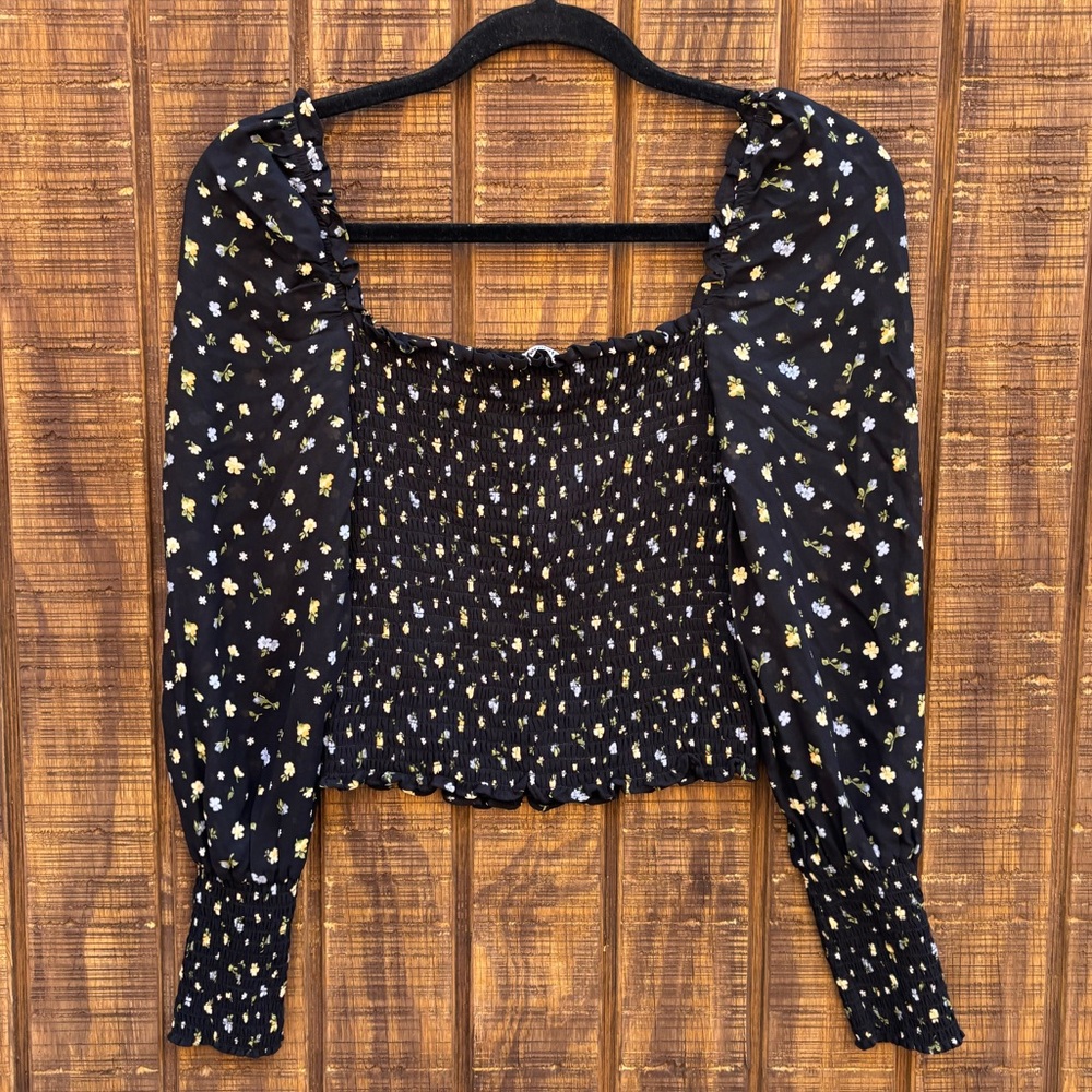Reformation Black Floral Smocked Blouse